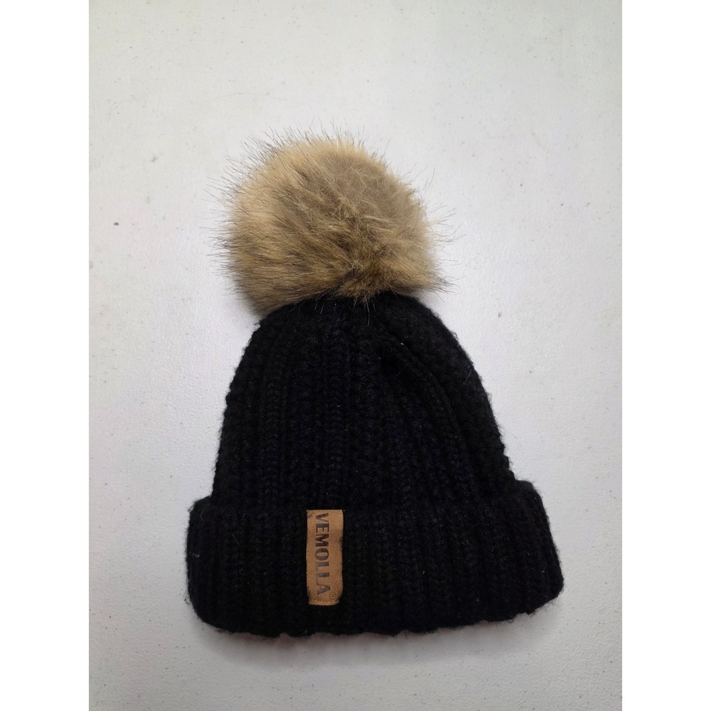 Vemolla Black Chunky Cable Knit Beanie Faux Fur Pom-Pom Winter Hat Folded Cuff